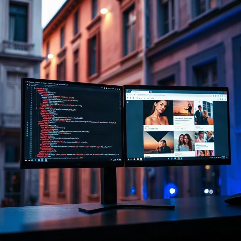 Pantalla dividida mostrando estructura HTML y página renderizada en dos monitores