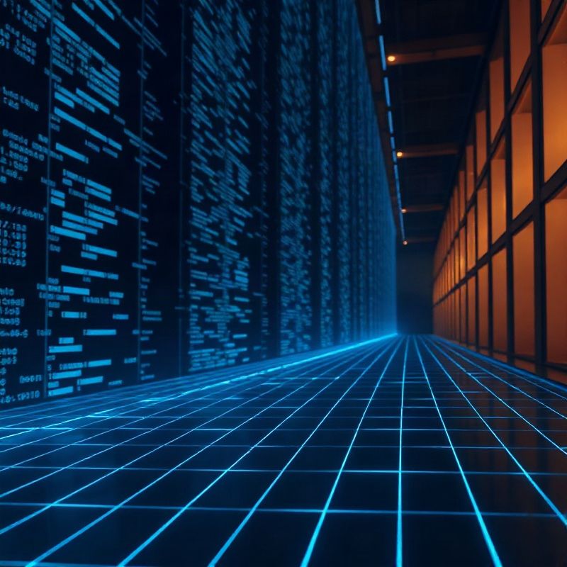 Visualización abstracta de tablas de base de datos con líneas de cuadrícula azul pizarra sobre fondo oscuro